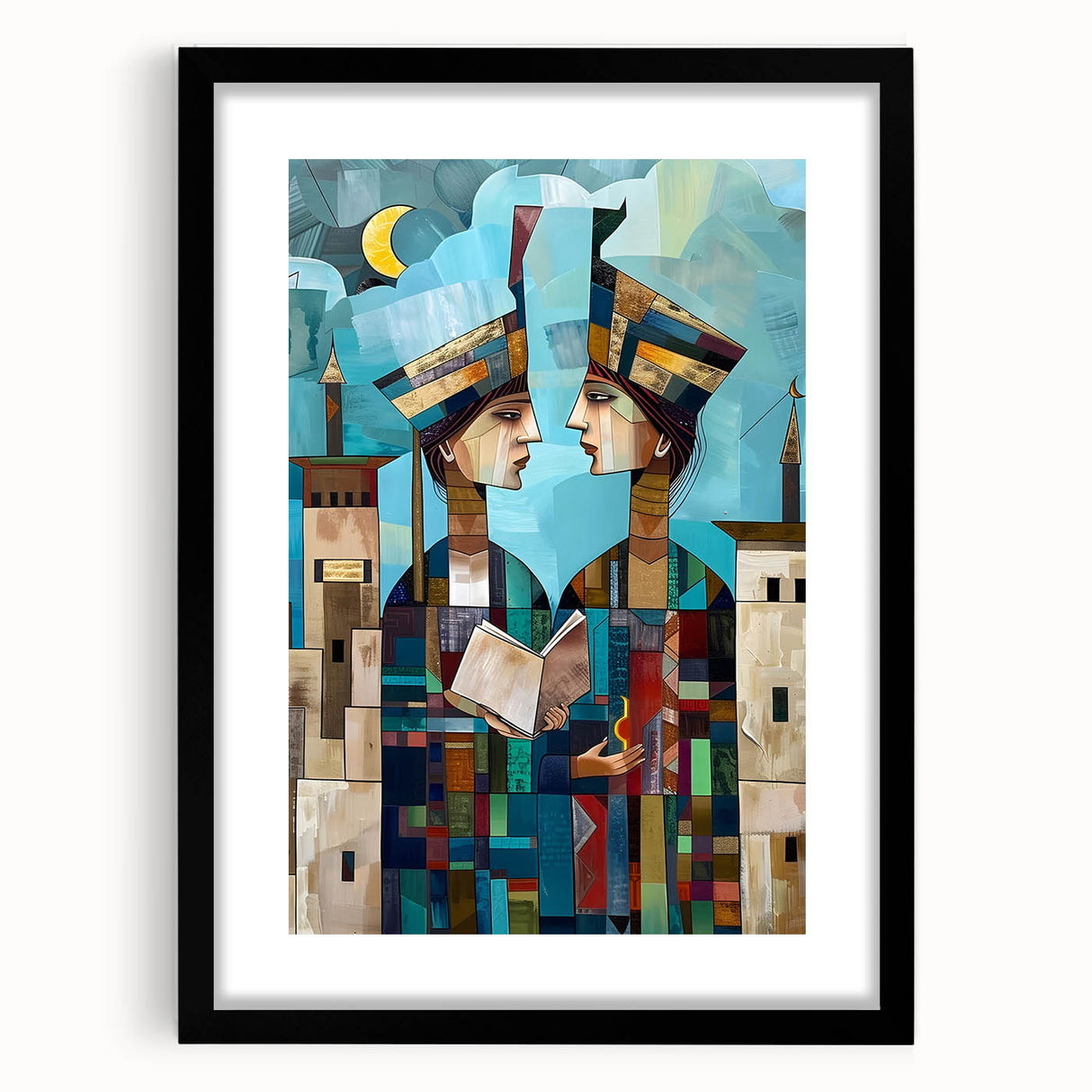 Abstract art print featuring a colorful, textured depiction of a Middle Eastern landscape on a framed black mat.