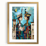 Extra large abstract art print of a Middle Eastern scenery in gold frame, featuring textured brush strokes.