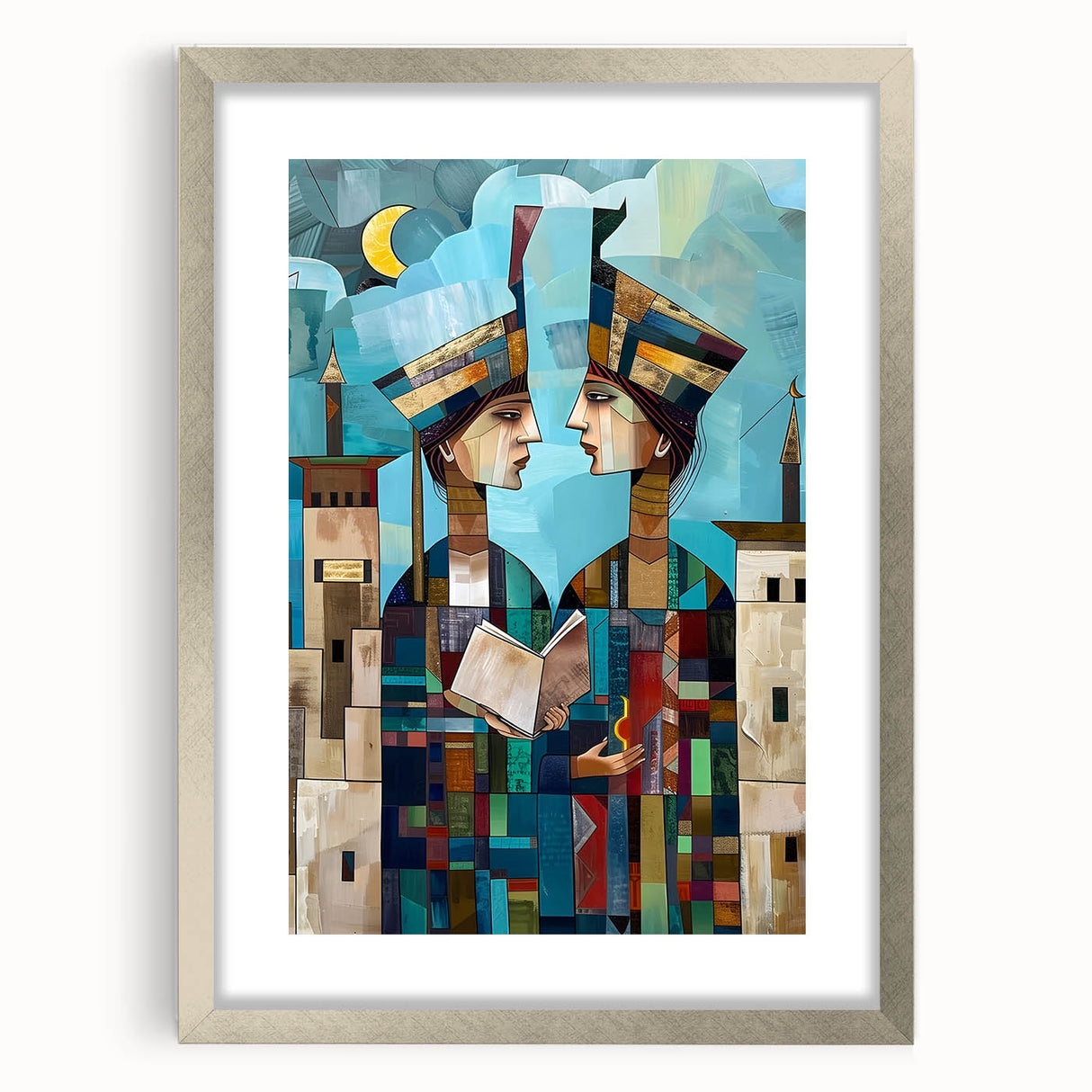 Textured abstract art print depicting a Middle Eastern scenery in muted earth tones on a framed silver mat.