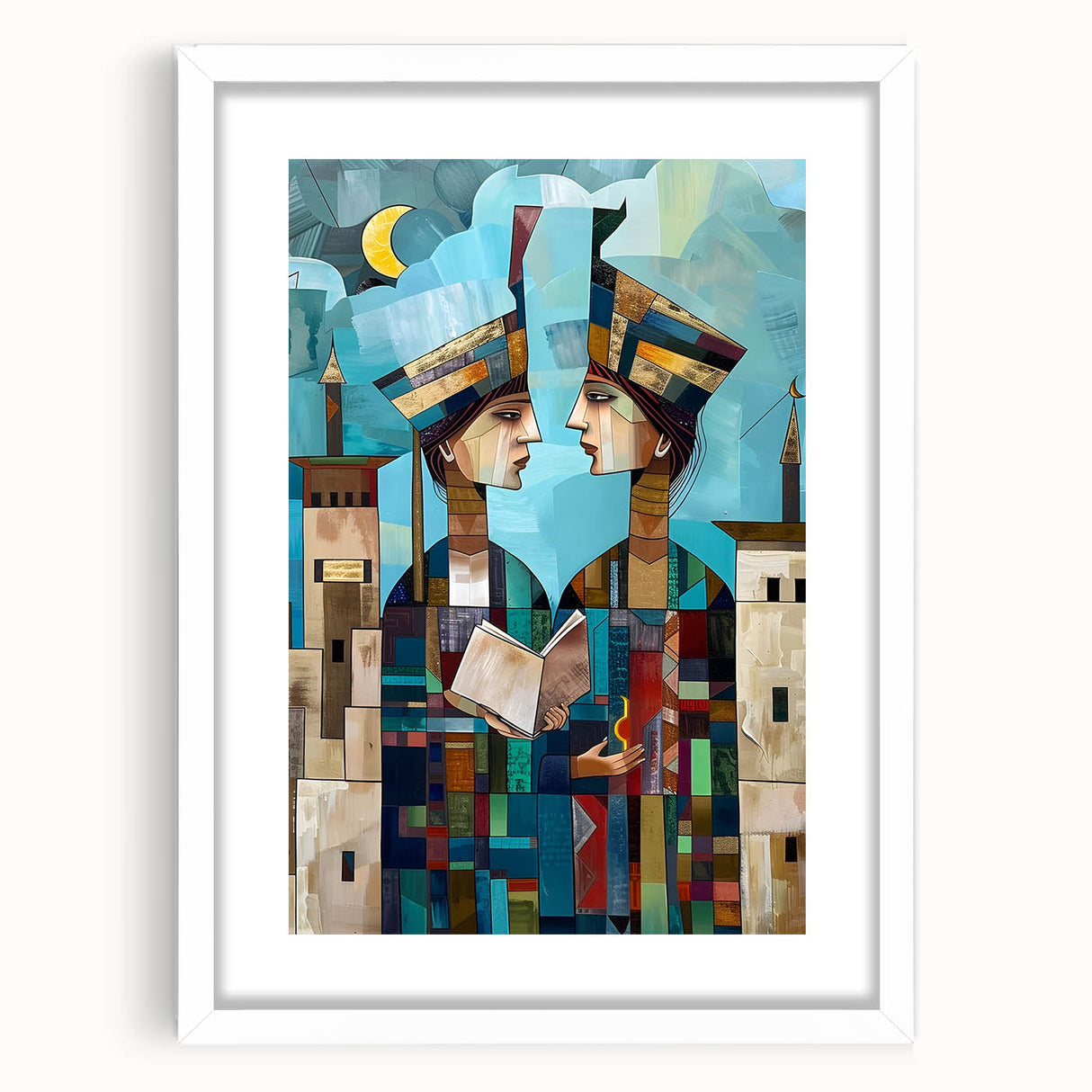Abstract art print depicting a Middle Eastern landscape in muted earth tones on a white-framed canvas.