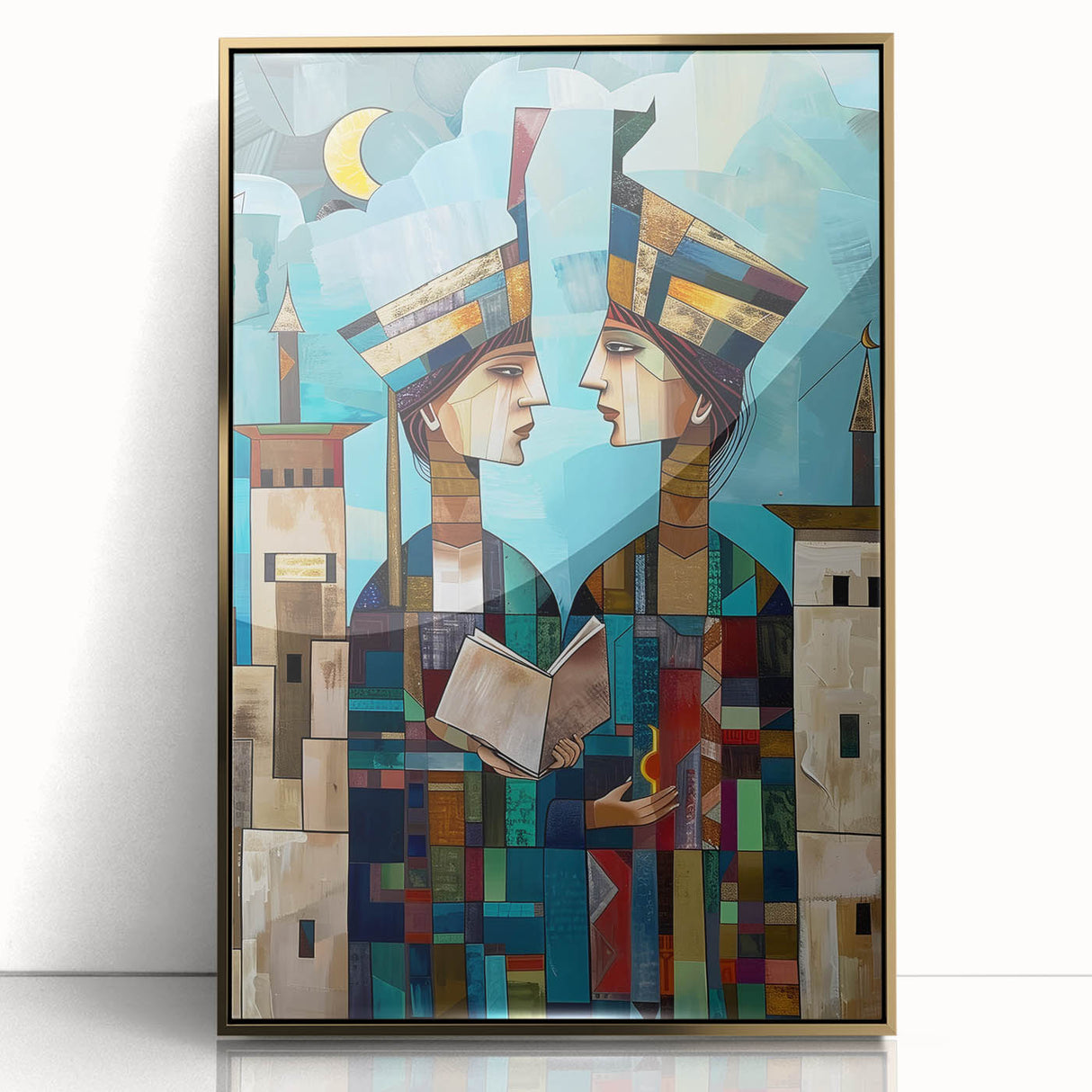 Large art print of an abstract Iraqi landscape in gold and earth tones, acrylic framed, suitable for modern art wall decor.