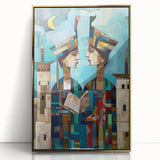 Large art print of an abstract Iraqi landscape in gold and earth tones, acrylic framed, suitable for modern art wall decor.