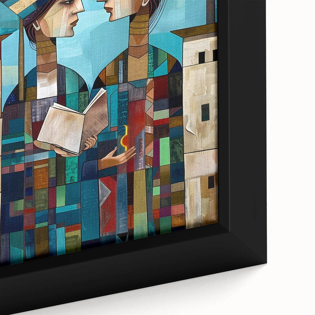 Extra large framed canvas depicting a textured, colorful Middle Eastern scenery in black wall art.