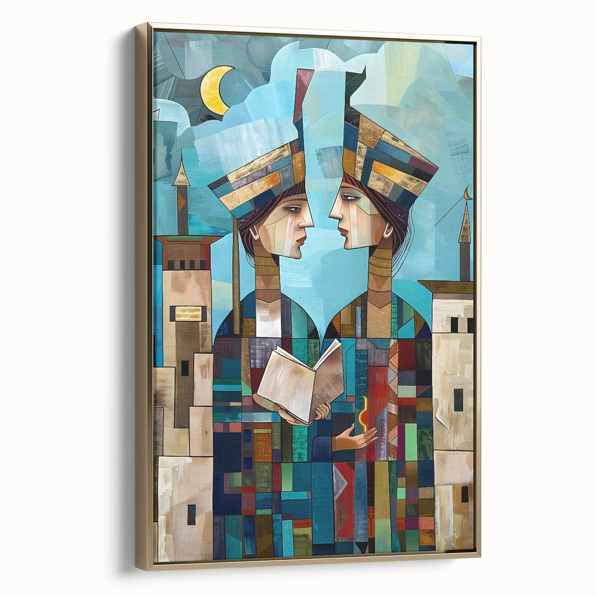 Framed canvas wall art depicting a vintage-style landscape of the Middle East, with muted gold and black tones.