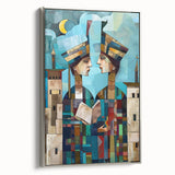 Landscape art painting of a Middle Eastern scenery, rendered in colorful hues on a framed canvas.