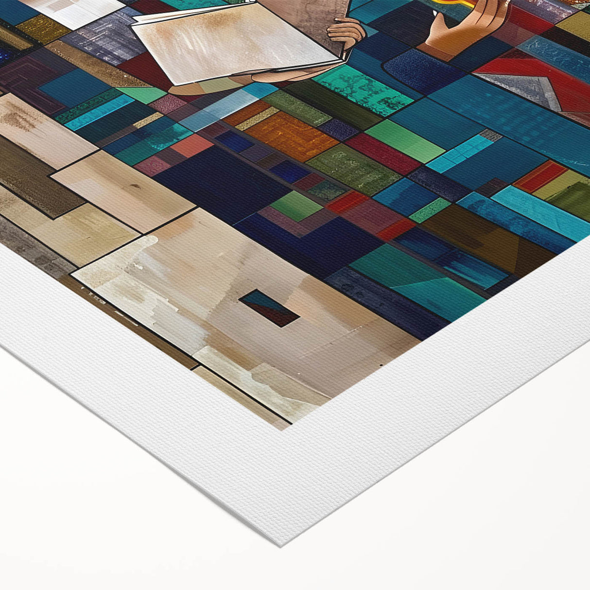 Art deco poster of a Middle Eastern landscape in soft beige and blue tones, printed on rolled canvas.