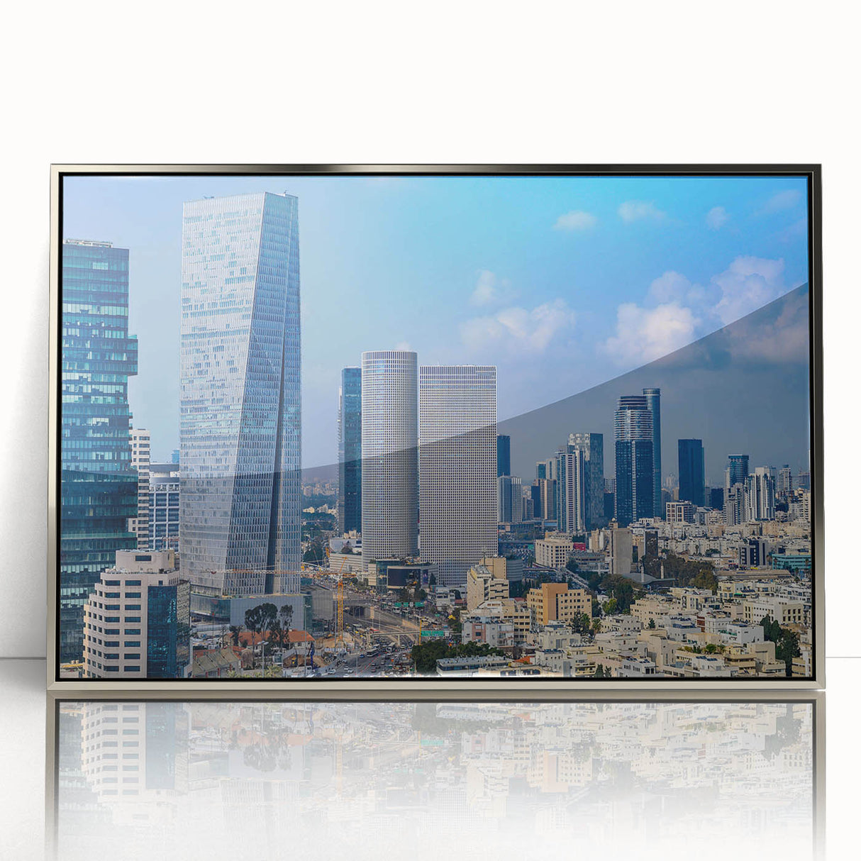 Mid-century modernist art of Tel Aviv skyline in muted silver and gray tones on acrylic framed print.