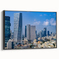Black and white framed canvas of Tel Aviv landscape in vintage poster style, ideal for bedroom wall decor.