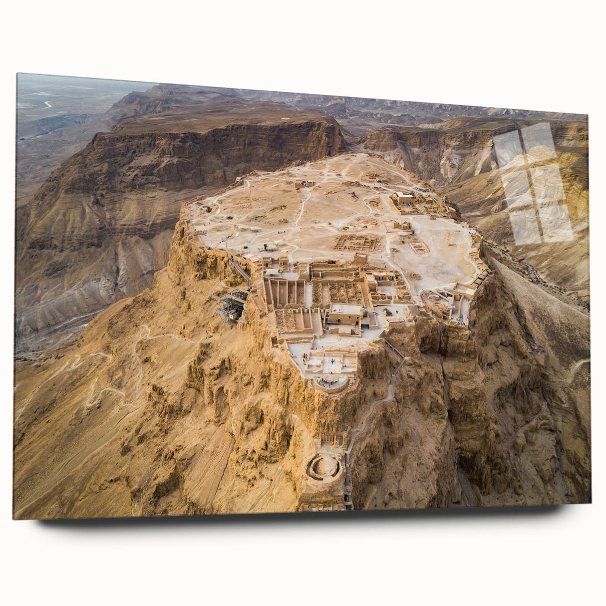Large abstract wall art featuring a Middle-Eastern Israel scenery in muted earth tones on acrylic glass.