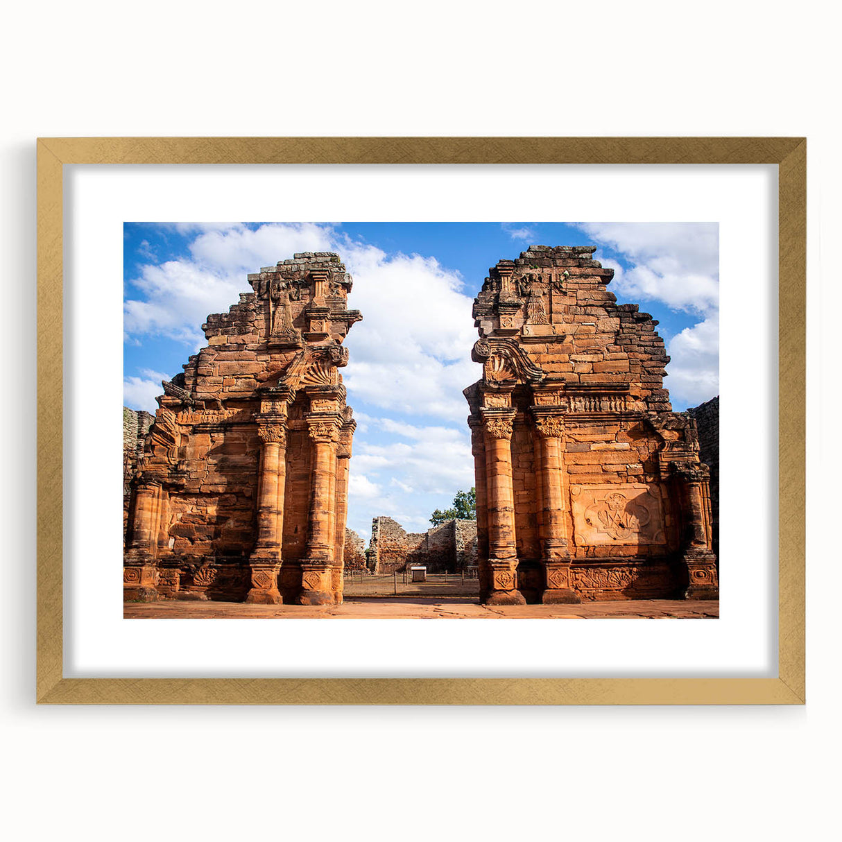 Extra large abstract art print of Middle Eastern scenery in textured gold frame, ideal for living room decor.