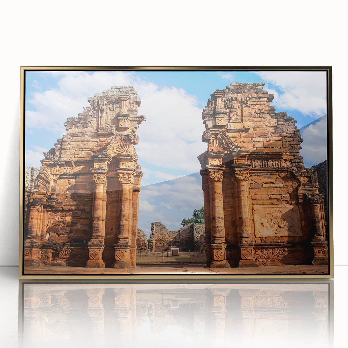 Acrylic print of a Jordanian landscape in muted earth tones, framed in gold, suitable for modern art wall decor.