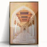 Framed acrylic print of an Omani landscape in gold and earth tones, ideal for modern art wall decor.