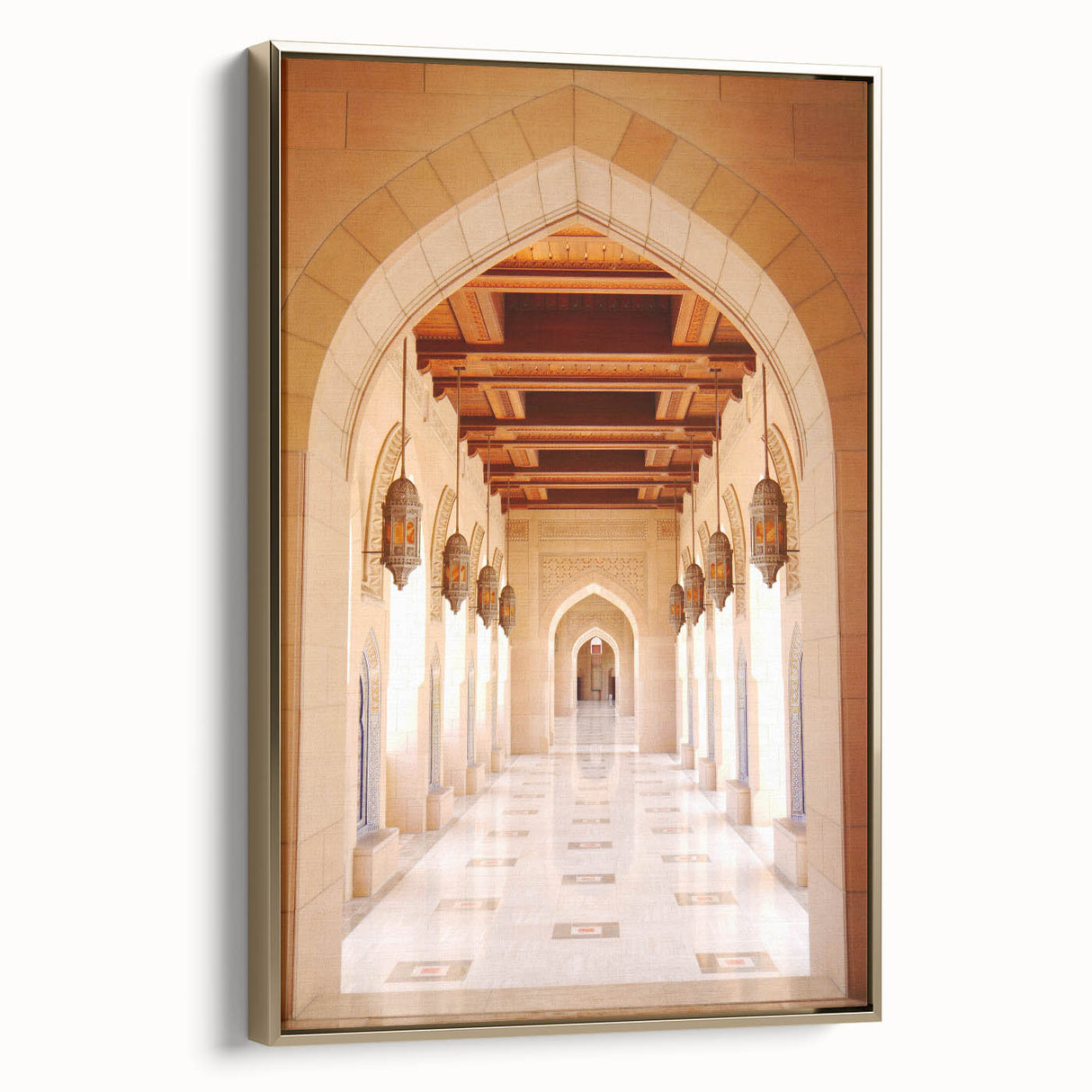 Framed canvas depicting a serene Oman landscape in muted gold and black tones, suitable for bedroom wall decor.