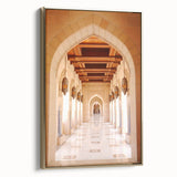 Framed canvas depicting a serene Oman landscape in muted gold and black tones, suitable for bedroom wall decor.