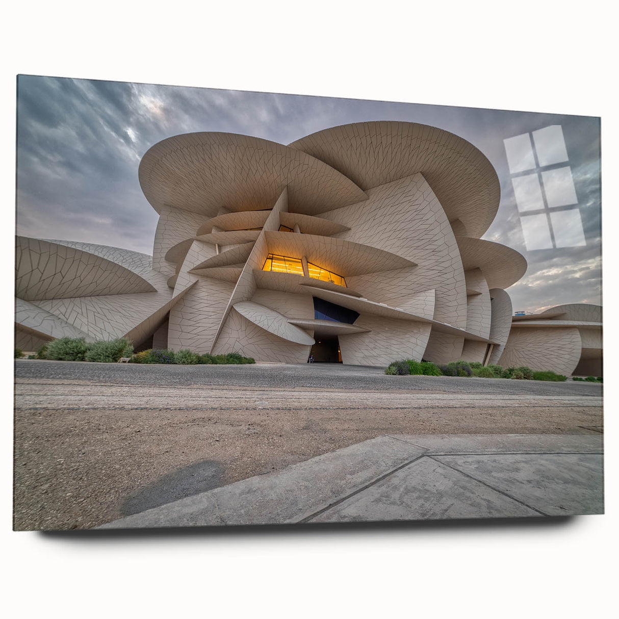 Large abstract wall art depicting a Middle Eastern Qatar scenery in muted earth tones on acrylic glass.