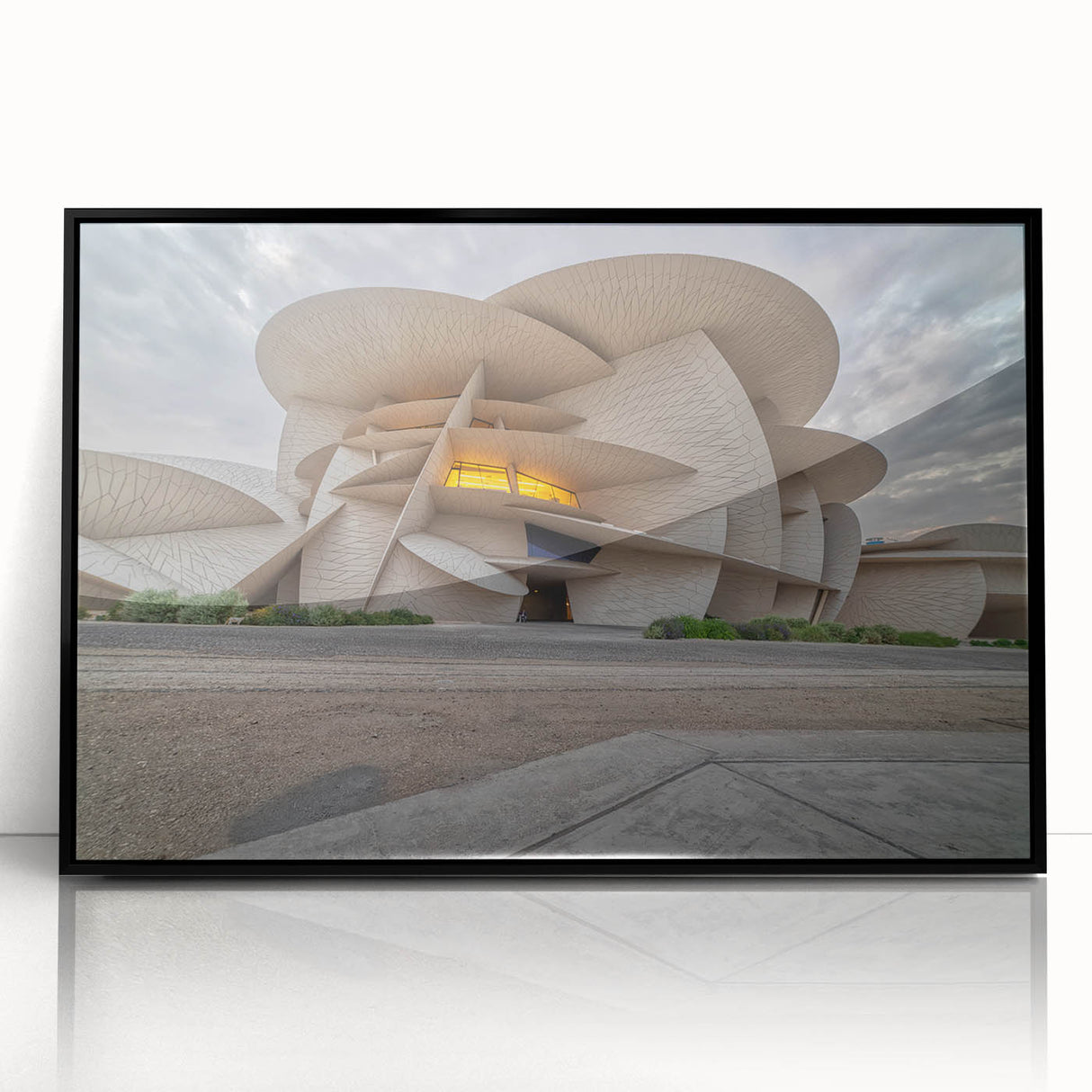 Large abstract wall art depicting a Middle Eastern Qatar scenery in black and white tones on a framed acrylic.