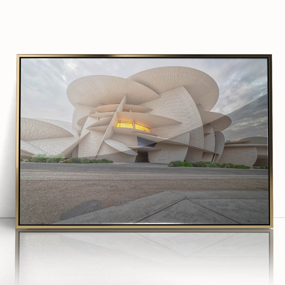 Acrylic print of a Qatar scenery in gold tones, framed, ideal for modern art wall decor.