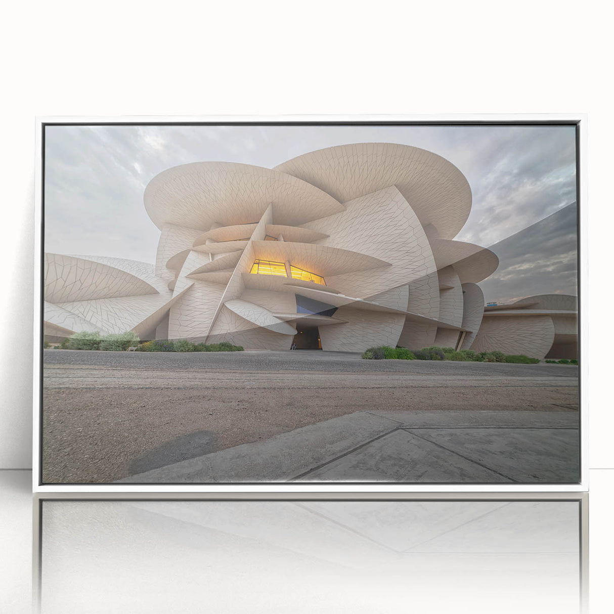 Acrylic print of a modern art depiction of Qatar scenery in muted earth tones, framed in white, ideal for nursery wall art.