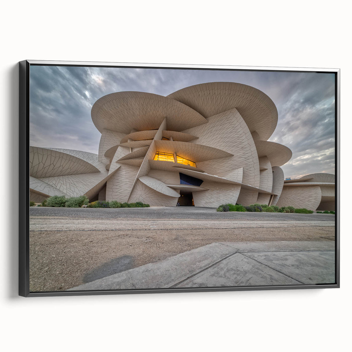 Black and white framed canvas featuring a vintage-style Qatar landscape, ideal for bedroom wall art.