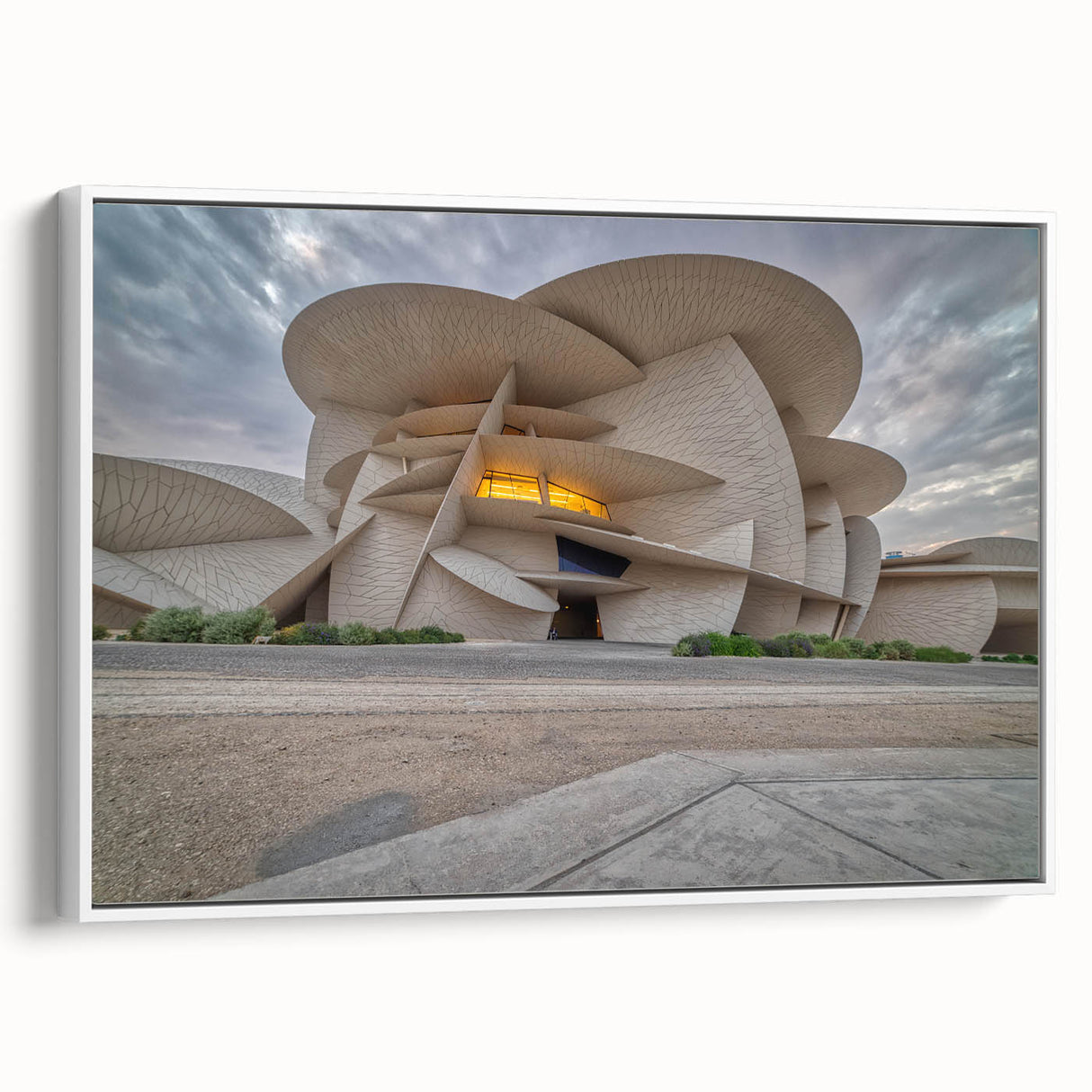 Vintage poster art of a Middle Eastern Qatar scenery on framed canvas, featuring vibrant colors, ideal for living room decor.