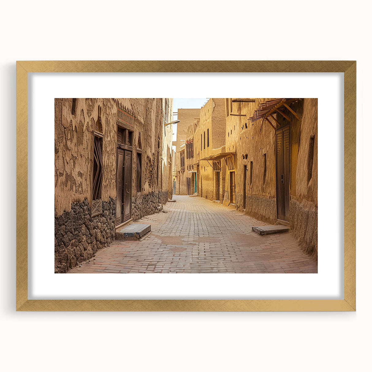 Extra large abstract art print of a textured Middle Eastern landscape in muted gold and brown tones, framed with a mat.