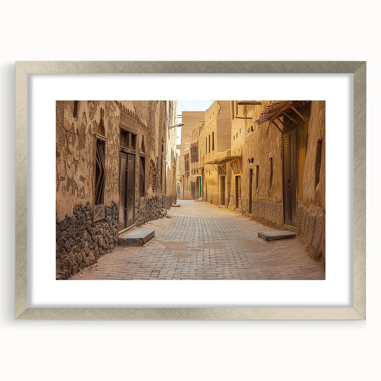 Textured abstract art print depicting a Middle Eastern scenery in muted earth tones, framed in silver, ideal for bedroom art.