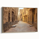 Vintage poster art of a Saudi Arabian landscape on a framed canvas with black and gold tones, ideal for bedroom wall decor.
