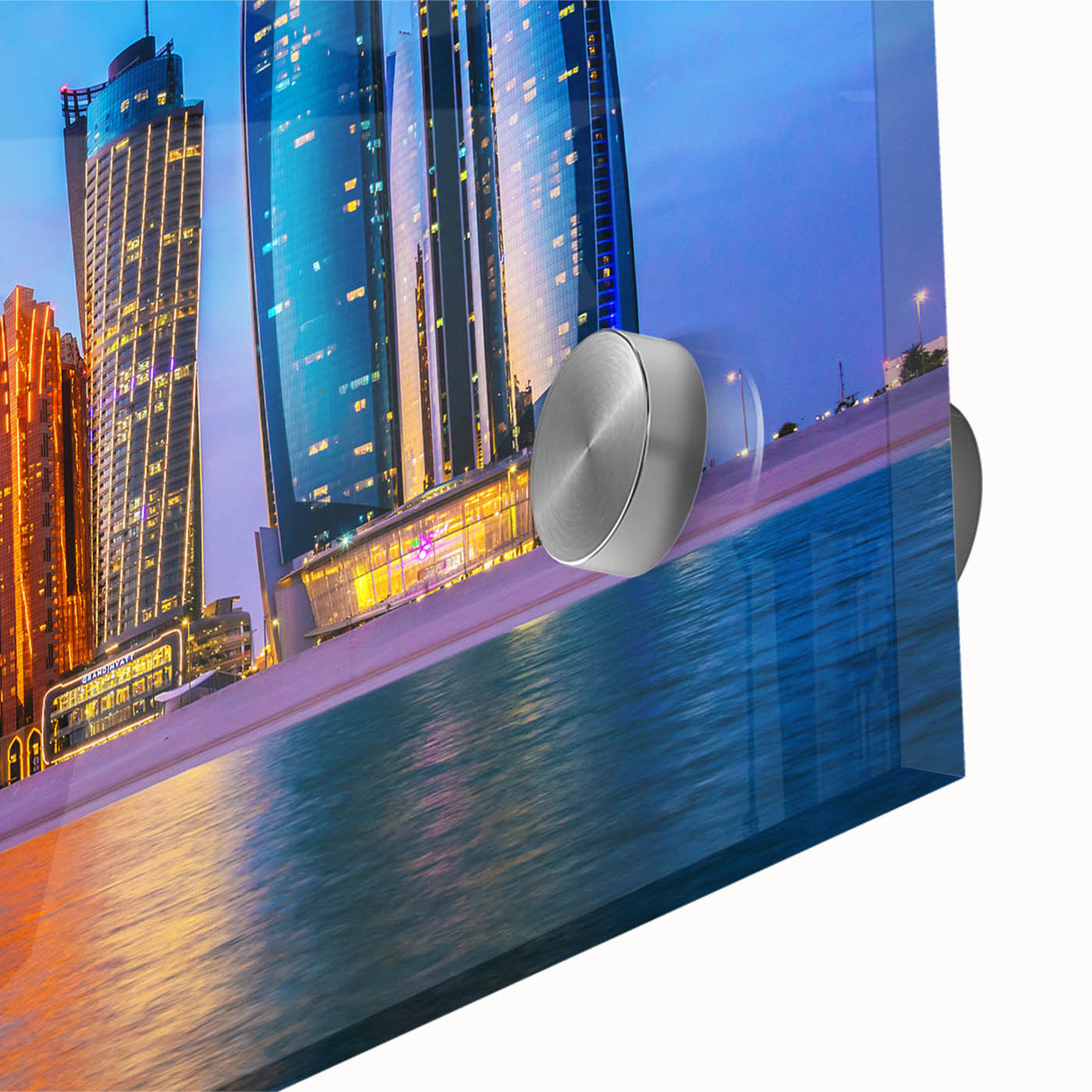 Large abstract wall art of Abu Dhabi skyline in muted gray tones on acrylic glass, ideal for dining room art.