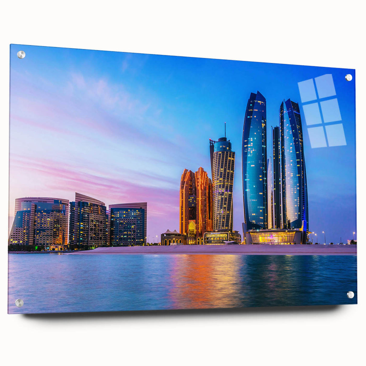 Large abstract wall art on acrylic glass depicting the Abu Dhabi skyline in muted earth tones.
