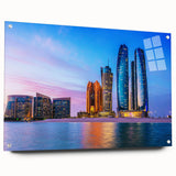 Large abstract wall art on acrylic glass depicting the Abu Dhabi skyline in muted earth tones.