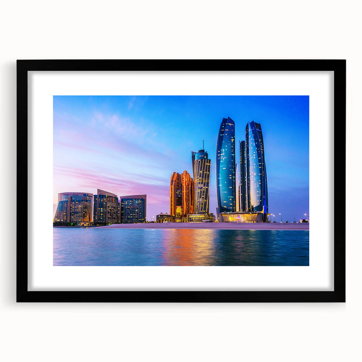 Abstract art print of Abu Dhabi scenery in vibrant colors on a large, textured canvas, framed in black.