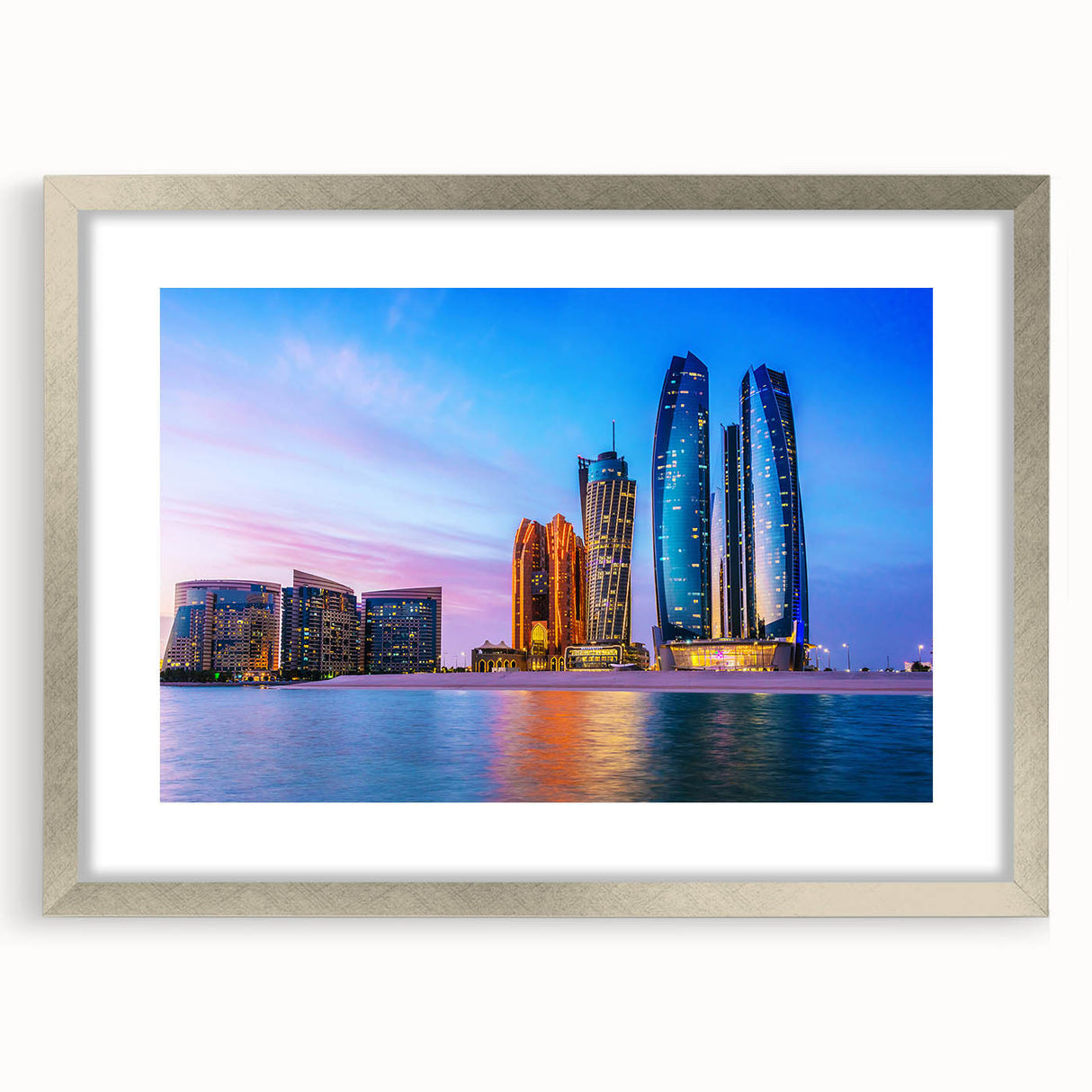 Textured abstract art print of Abu Dhabi scenery in muted earth tones on framed canvas, suitable for bedroom art.