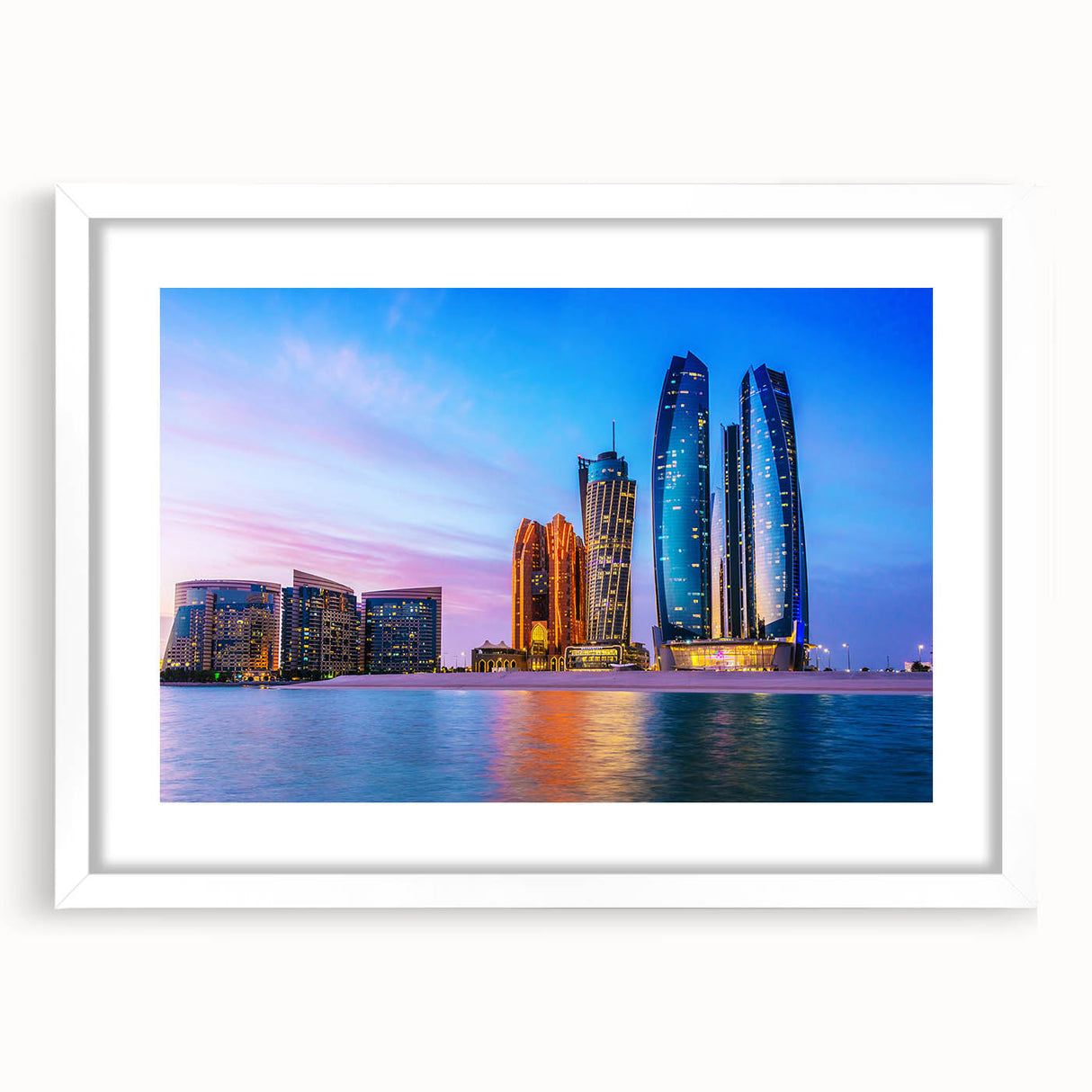 Abstract art print of Abu Dhabi skyline in muted gray and blue tones on a framed white mat, ideal for dining room decor.