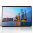 Large abstract wall art depicting the Abu Dhabi skyline in muted gray tones on a framed acrylic.