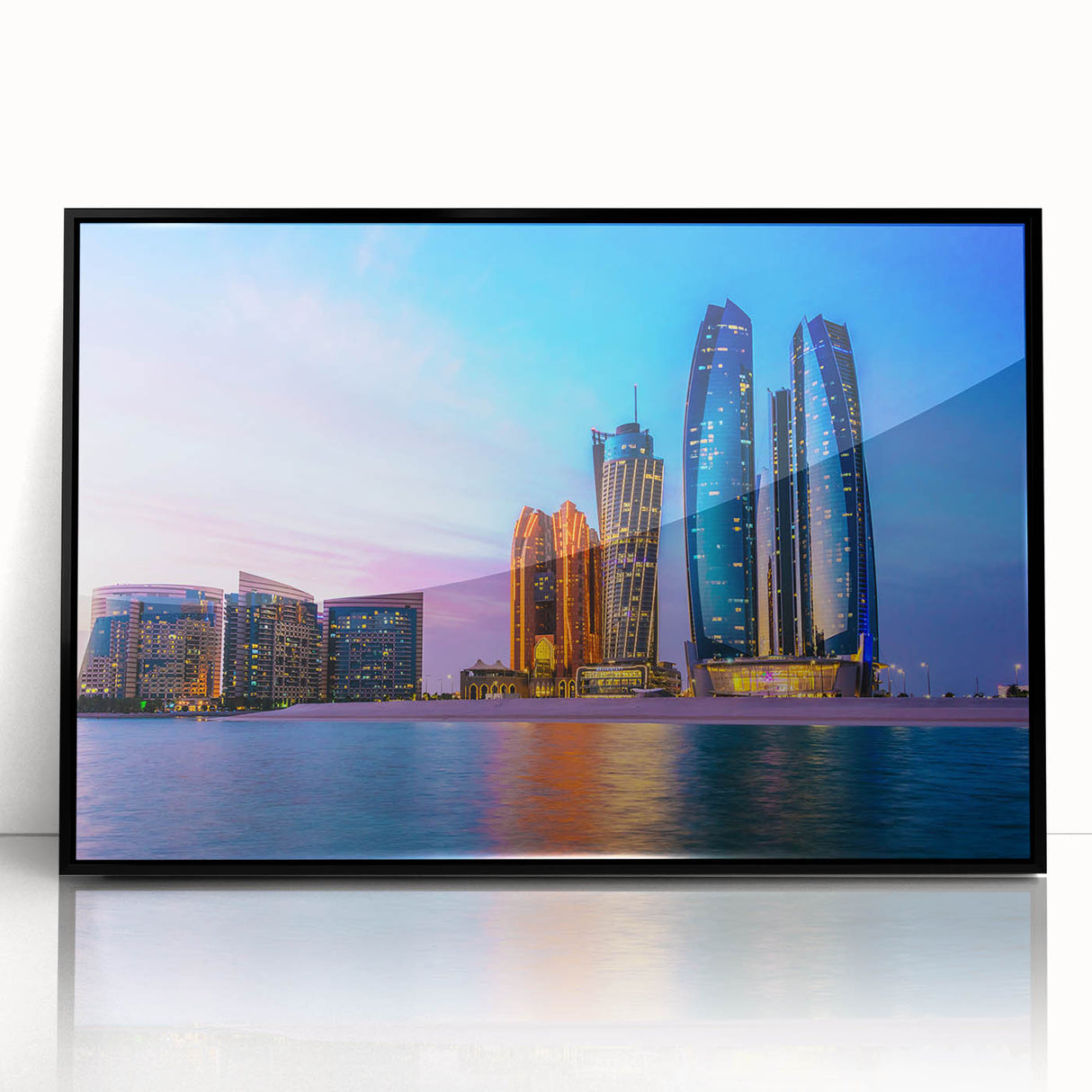 Large abstract wall art depicting the Abu Dhabi skyline in muted gray tones on a framed acrylic.