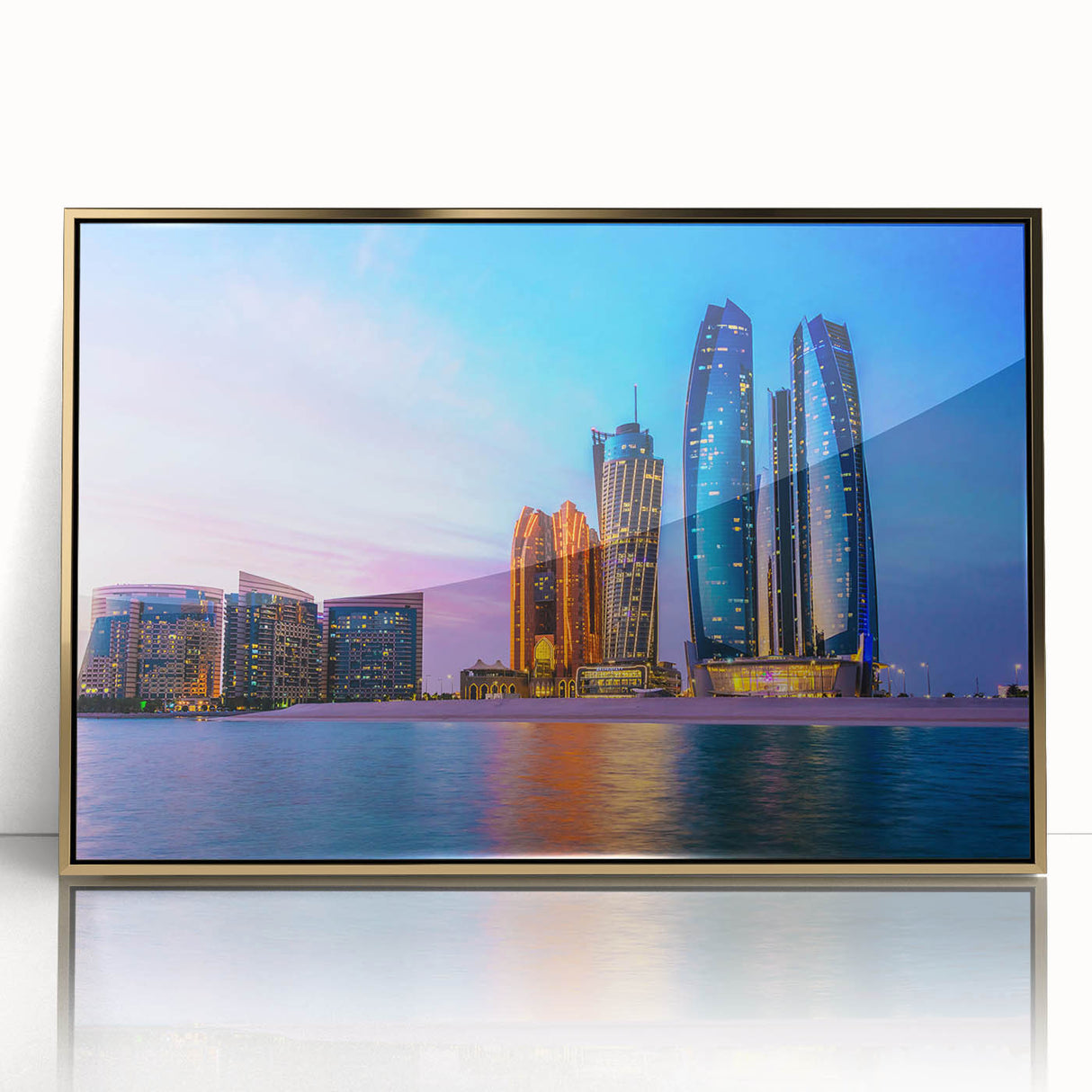 Large art print of Abu Dhabi skyline in gold and blue tones on a framed acrylic, ideal for modern art wall decor.