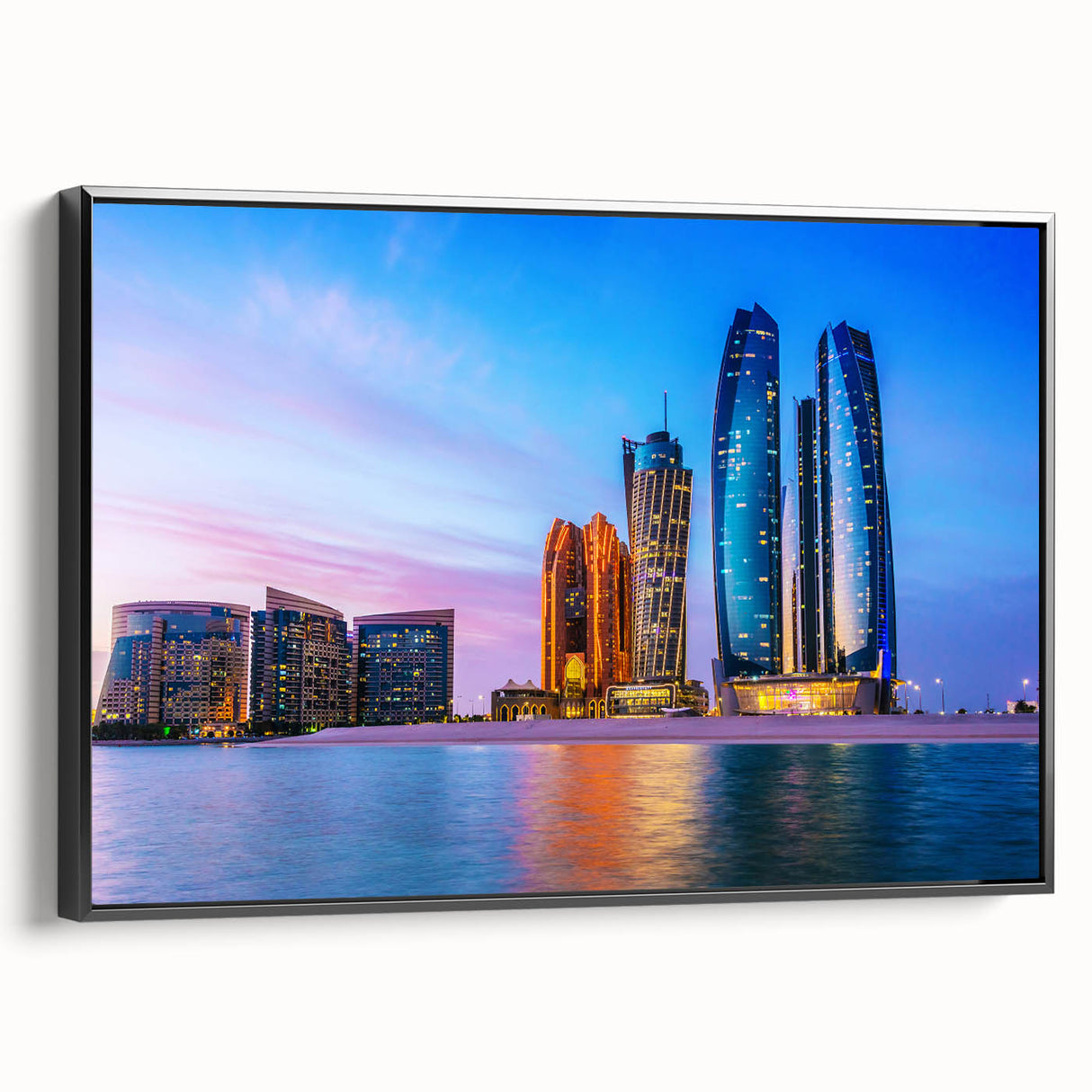 Black and white landscape art painting of Abu Dhabi on framed canvas, ideal for bedroom wall decor.