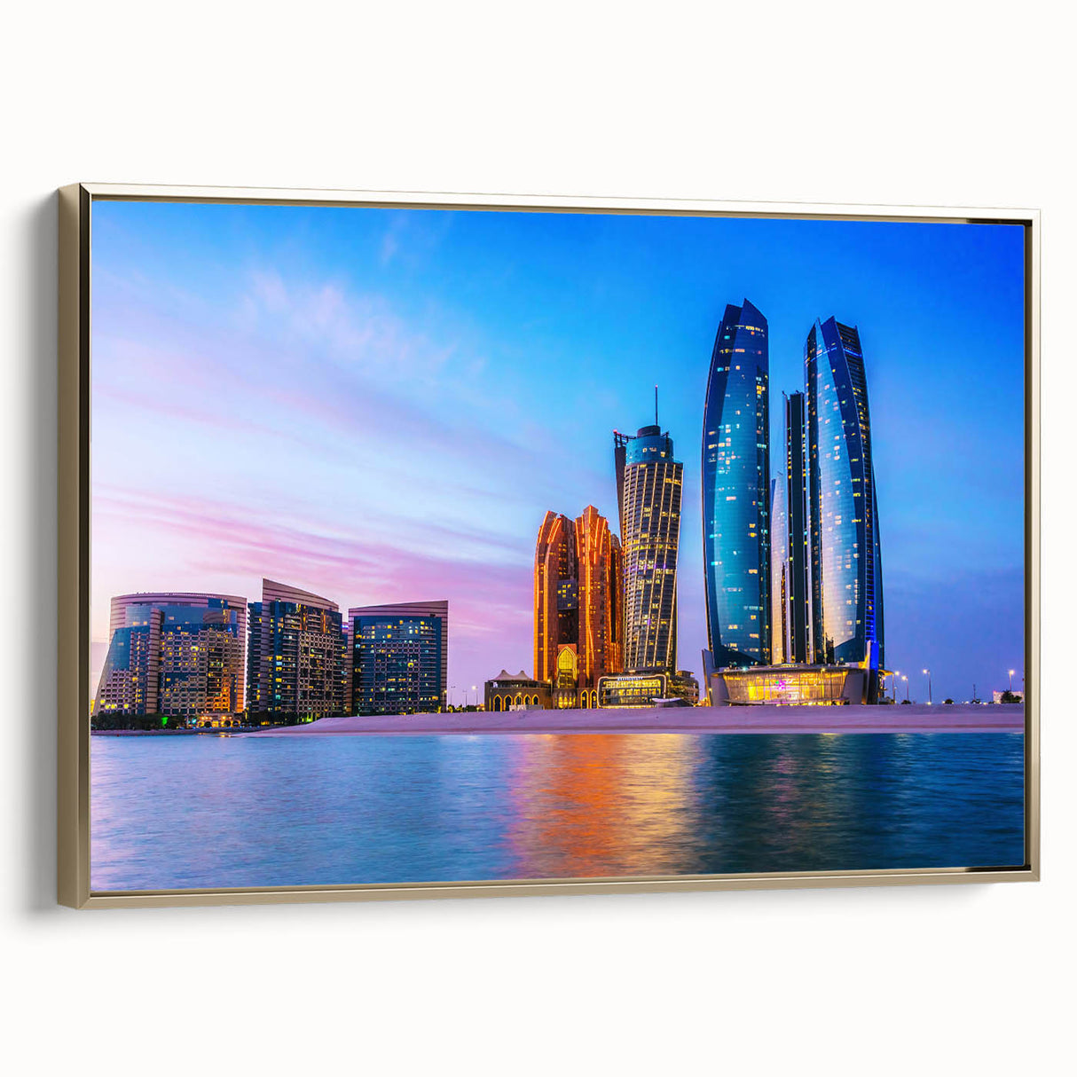 Framed canvas wall art depicting a vintage-style landscape of Abu Dhabi in muted gold and black tones.