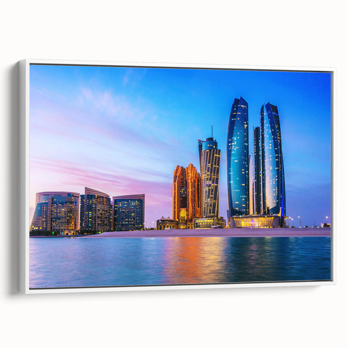 Vintage poster art of Abu Dhabi skyline in vibrant colors on a large framed canvas, ideal for living room decor.