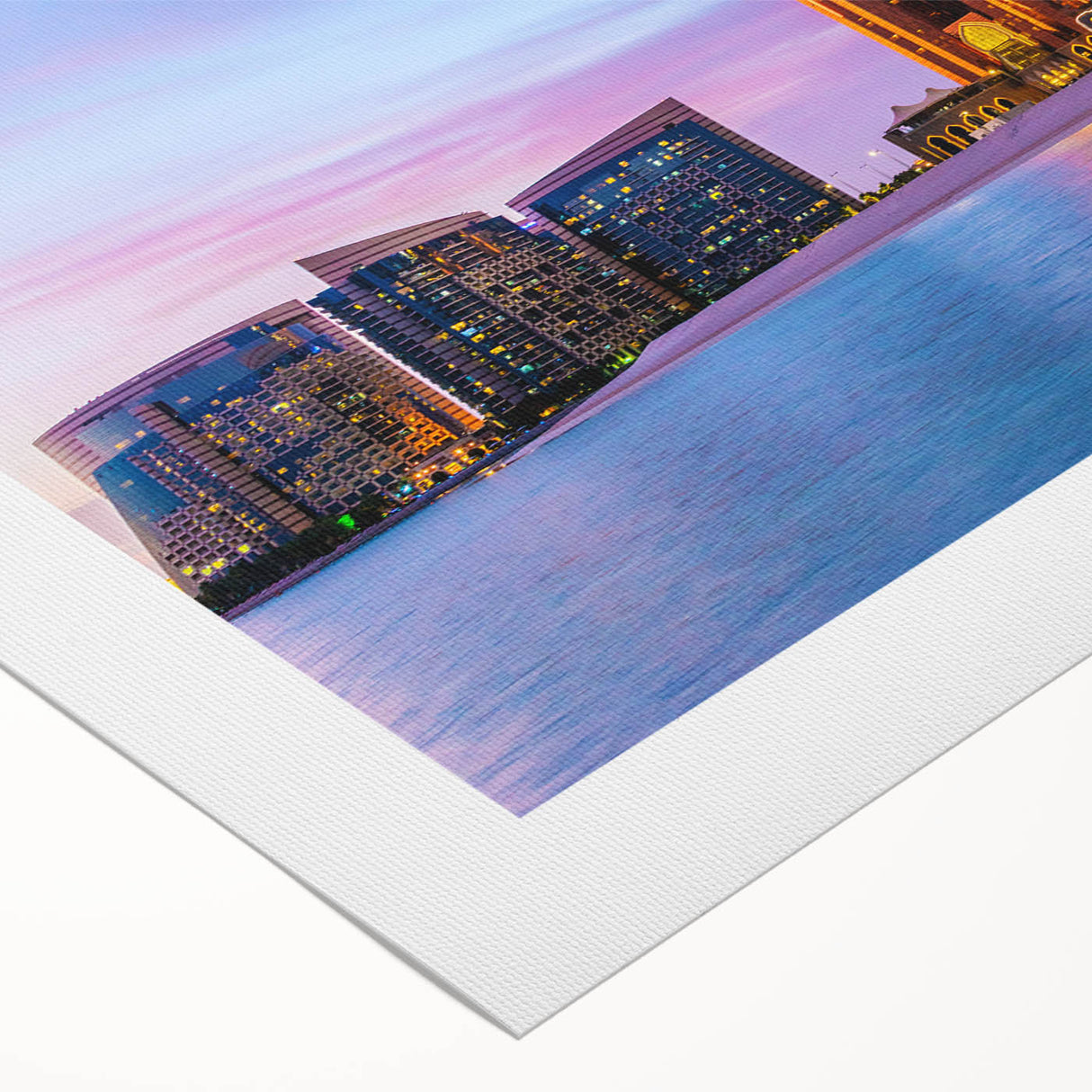 Art deco poster of Abu Dhabi skyline in muted gold and blue tones on rolled canvas, suitable for dining room wall art.