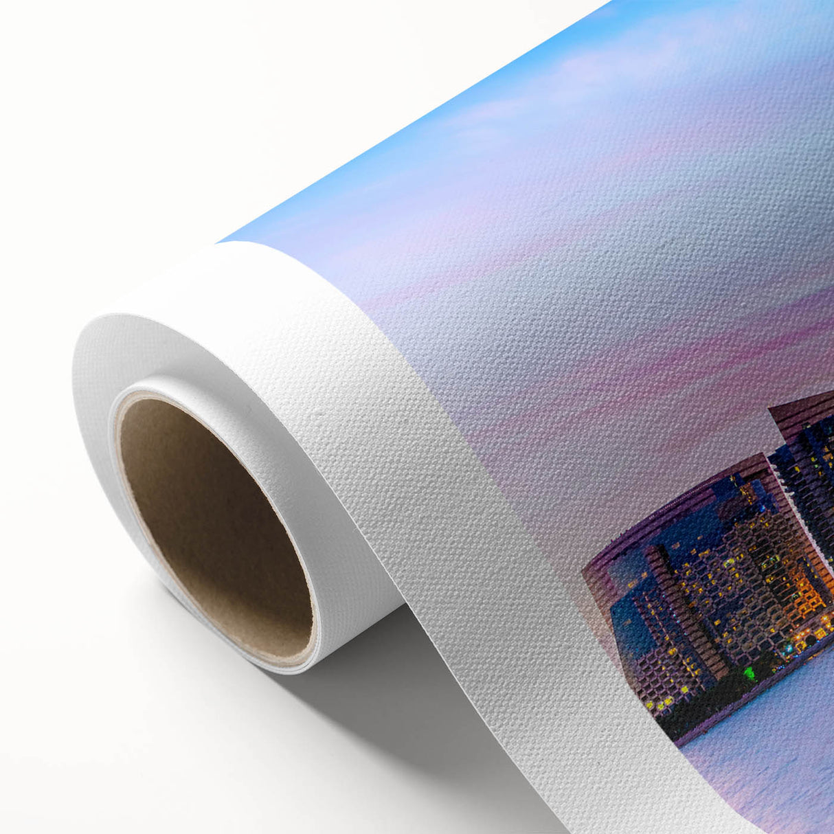 Art Deco-style Abu Dhabi skyline on a rolled canvas, featuring soft pastel shades, ideal for nursery wall art.