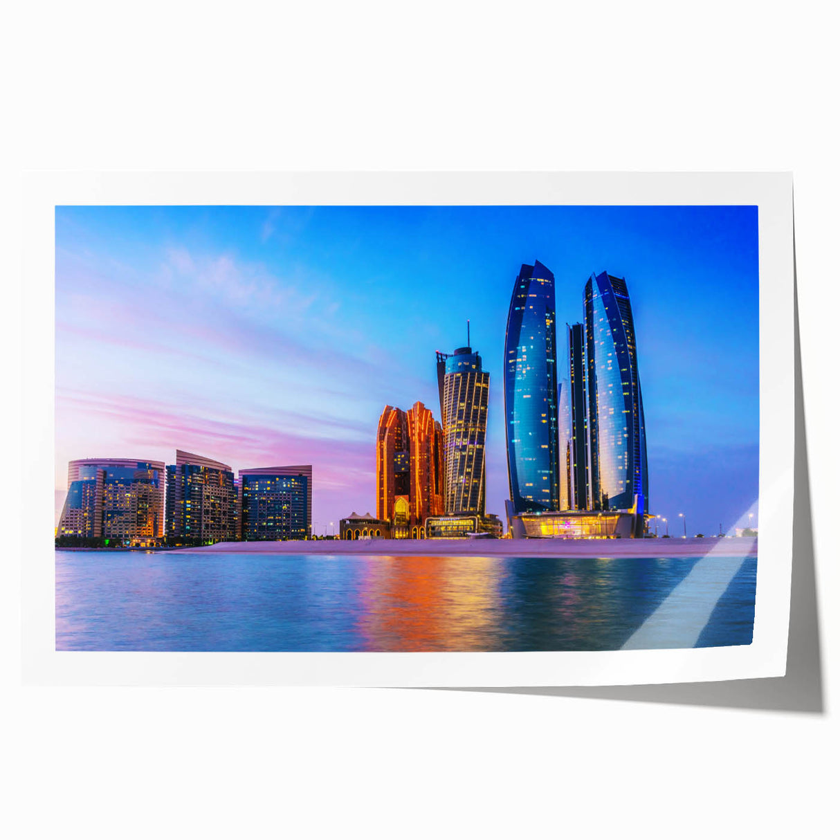 Extra large rolled print of Abu Dhabi scenery with floral elements in soft pastel colors.