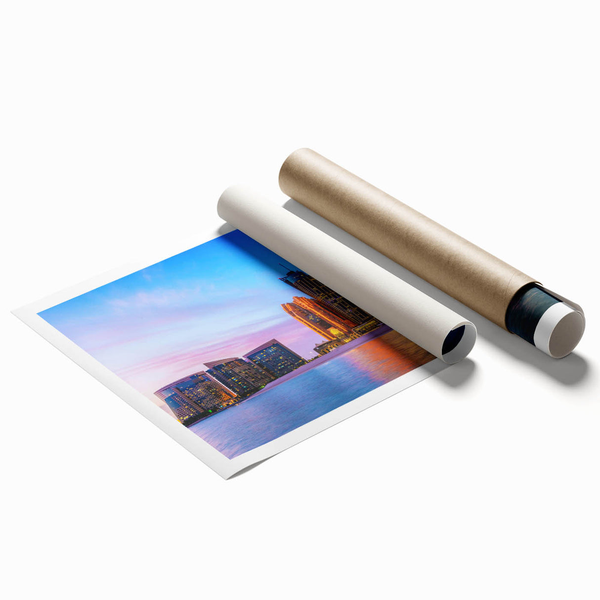 Extra large rolled print of Abu Dhabi scenery with soft pastel floral designs, ideal for classy bathroom wall art.