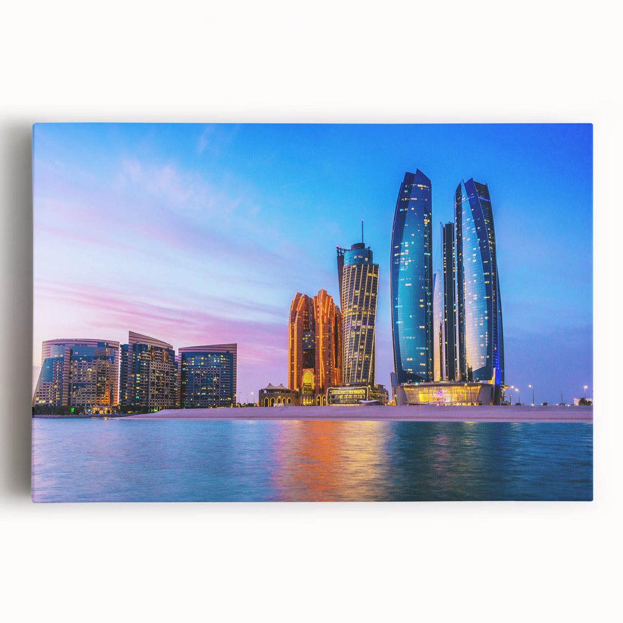 Black and white large art print of Abu Dhabi skyline on stretched canvas, ideal for kitchen wall art.