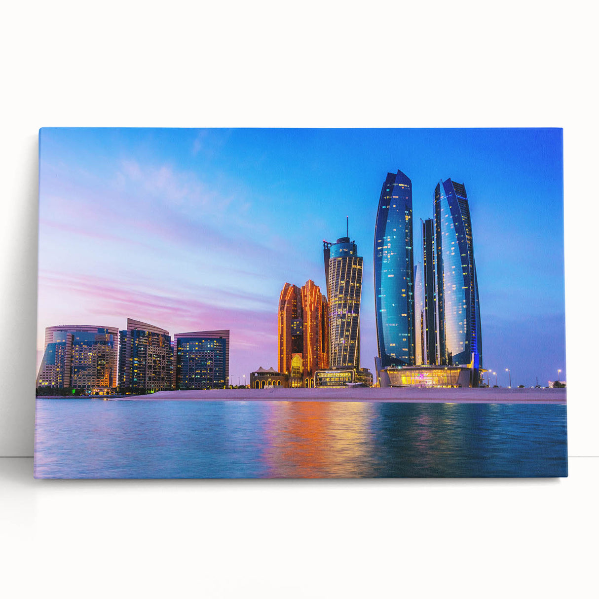 Black and white photograph of Abu Dhabi skyline on stretched canvas, suitable as large kitchen wall art.