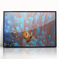 Large abstract wall art depicting a serene Oceania Fiji scenery in muted blue and green hues on a framed acrylic.