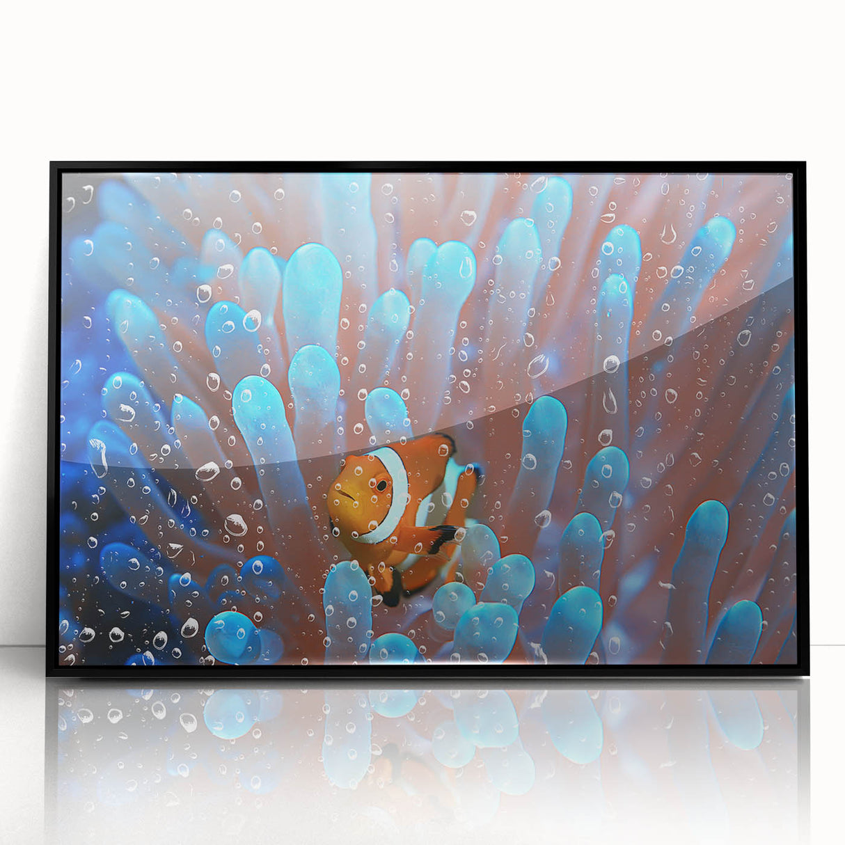 Large abstract wall art depicting a serene Oceania Fiji scenery in muted blue and green hues on a framed acrylic.