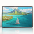 Large abstract wall art featuring a serene Bora Bora seascape in muted blue and green tones on a black framed acrylic print.