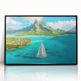Large abstract wall art featuring a serene Bora Bora seascape in muted blue and green tones on a black framed acrylic print.