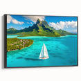 Black and white framed canvas of Bora Bora landscape with vintage poster art style, ideal for bedroom decor.